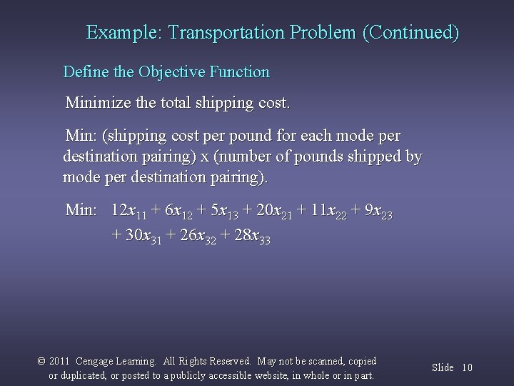 Example: Transportation Problem (Continued) Define the Objective Function Minimize the total shipping cost. Min: