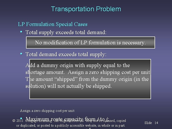 Transportation Problem LP Formulation Special Cases • Total supply exceeds total demand: No modification