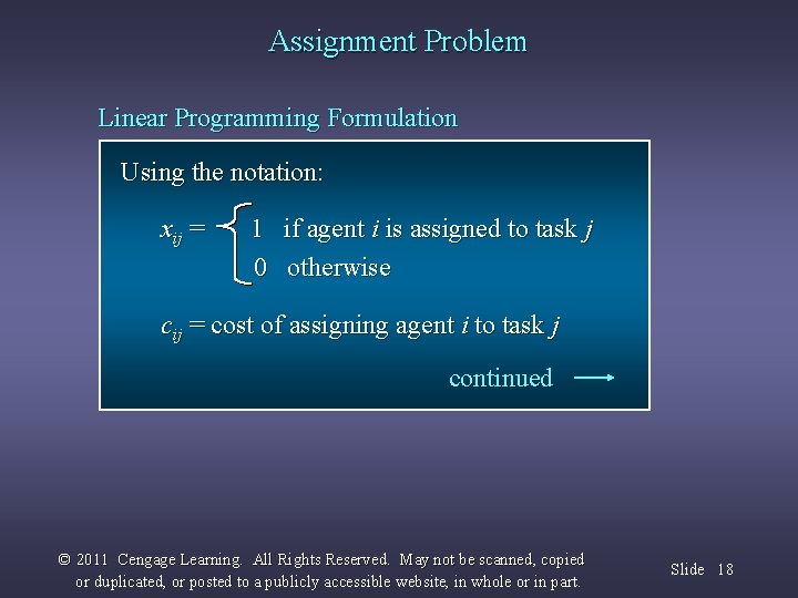 Assignment Problem Linear Programming Formulation Using the notation: xij = 1 if agent i