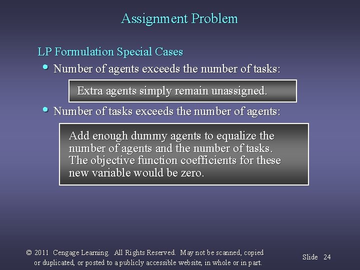 Assignment Problem LP Formulation Special Cases • Number of agents exceeds the number of