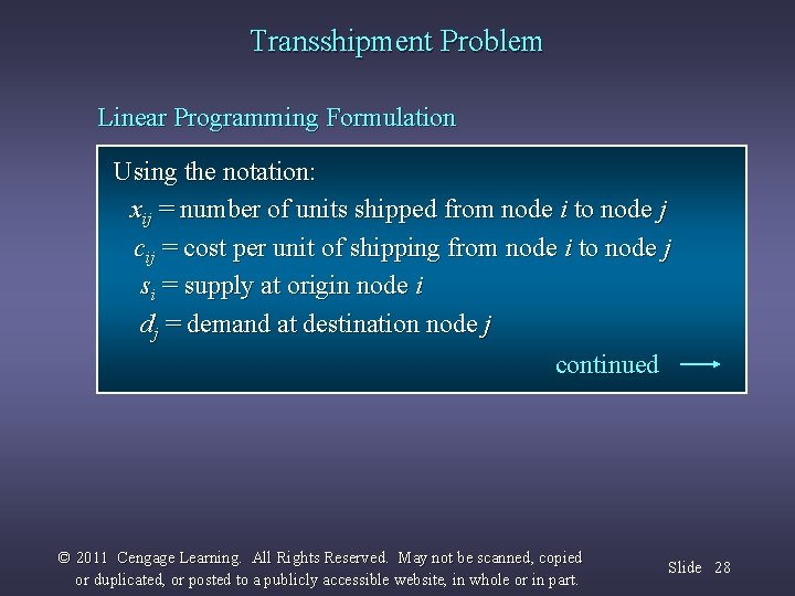 Transshipment Problem Linear Programming Formulation Using the notation: xij = number of units shipped