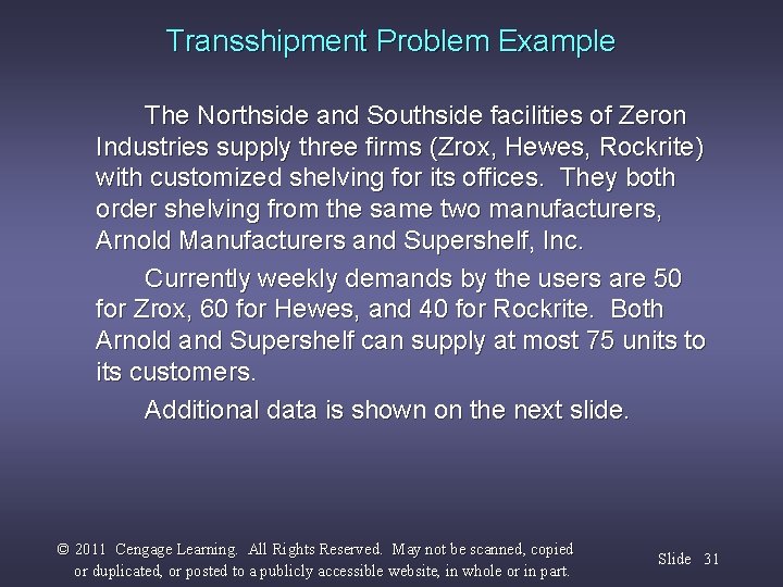 Transshipment Problem Example The Northside and Southside facilities of Zeron Industries supply three firms