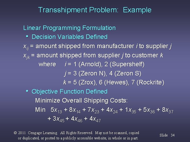 Transshipment Problem: Example Linear Programming Formulation • Decision Variables Defined xij = amount shipped