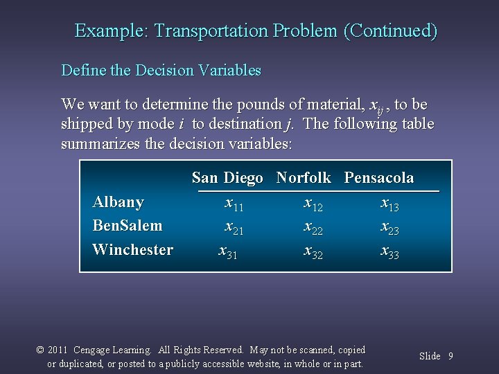 Example: Transportation Problem (Continued) Define the Decision Variables We want to determine the pounds
