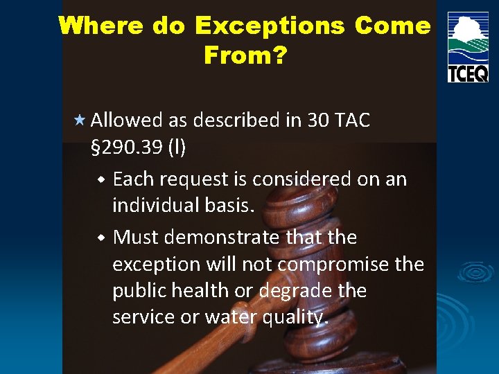 Where do Exceptions Come From? « Allowed as described in 30 TAC § 290.