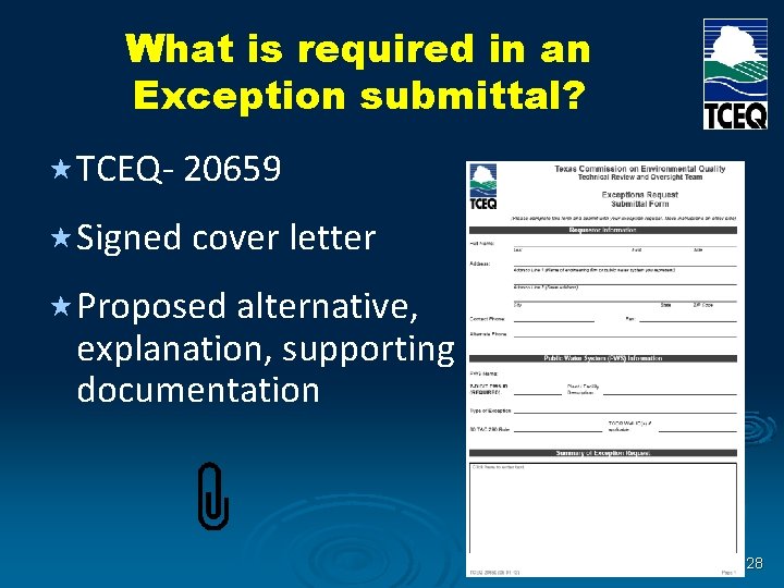 What is required in an Exception submittal? « TCEQ- 20659 « Signed cover letter