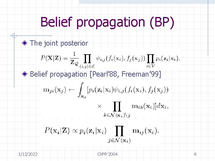Belief propagation (BP) The joint posterior Belief propagation [Pearl’ 88, Freeman’ 99] 1/12/2022 CVPR'2004
