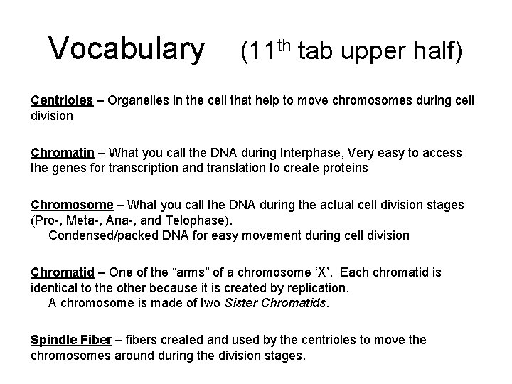 Vocabulary (11 th tab upper half) Centrioles – Organelles in the cell that help