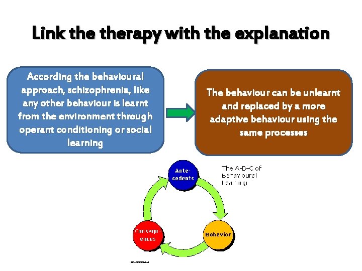 Link therapy with the explanation According the behavioural approach, schizophrenia, like any other behaviour