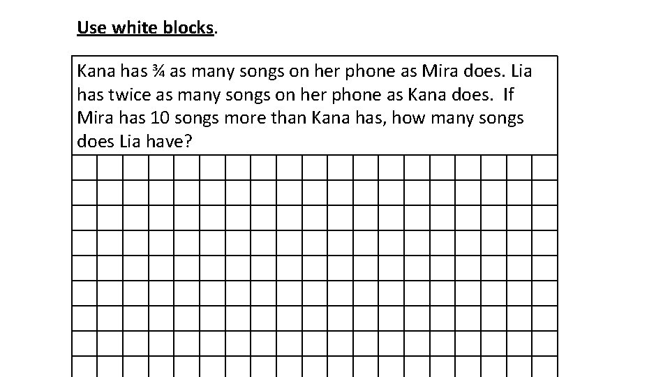 Use white blocks. Kana has ¾ as many songs on her phone as Mira