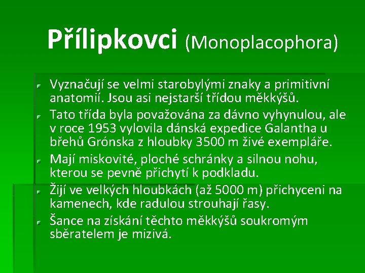 Přílipkovci (Monoplacophora) Vyznačují se velmi starobylými znaky a primitivní anatomií. Jsou asi nejstarší třídou