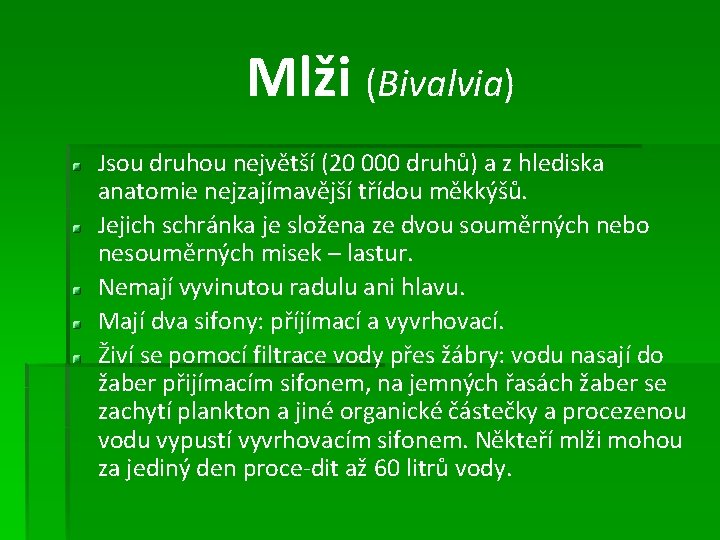 Mlži (Bivalvia) Jsou druhou největší (20 000 druhů) a z hlediska anatomie nejzajímavější třídou