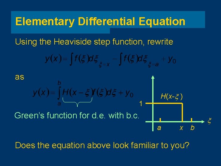 Elementary Differential Equation Using the Heaviside step function, rewrite as 1 H(x- ) Green’s