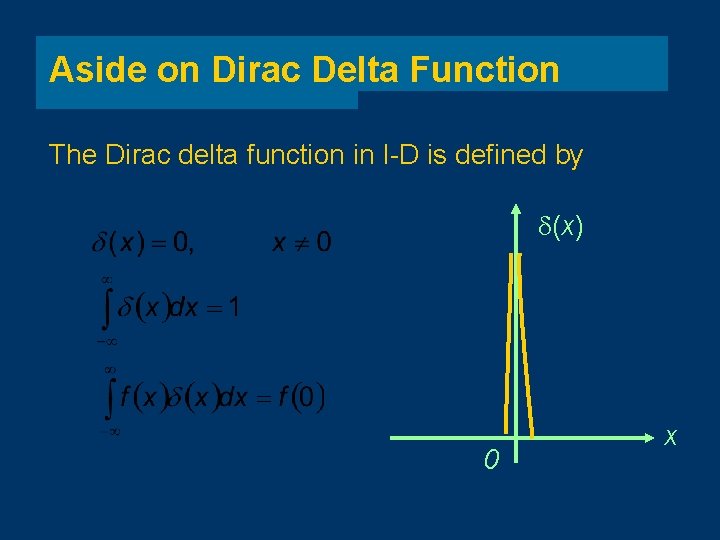 Aside on Dirac Delta Function The Dirac delta function in I-D is defined by