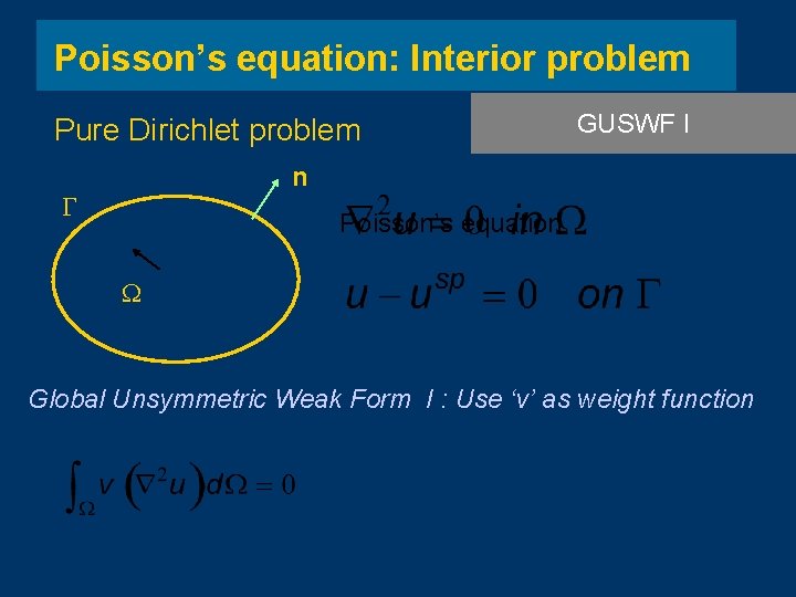 Poisson’s equation: Interior problem Pure Dirichlet problem GUSWF I n Poisson’s equation Global Unsymmetric