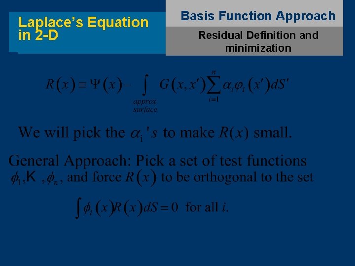 Laplace’s Equation in 2 -D Basis Function Approach Residual Definition and minimization 
