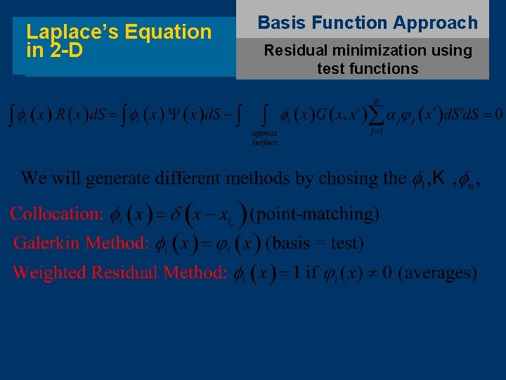 Laplace’s Equation in 2 -D Basis Function Approach Residual minimization using test functions 