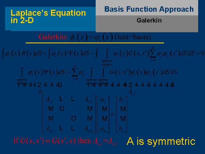 Laplace’s Equation in 2 -D Basis Function Approach Galerkin A is symmetric 