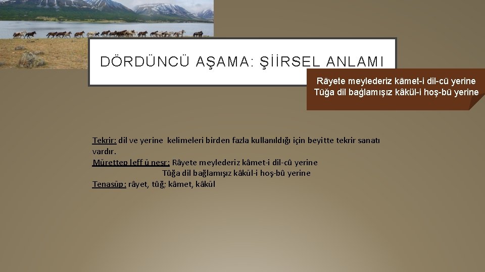 DÖRDÜNCÜ AŞAMA: ŞİİRSEL ANLAMI Rāyete meylederiz kāmet-i dil-cū yerine Tūğa dil baġlamışız kâkül-i hoş-bū