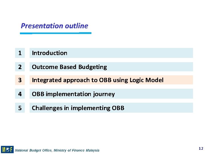 Presentation outline 1 Introduction 2 Outcome Based Budgeting 3 Integrated approach to OBB using
