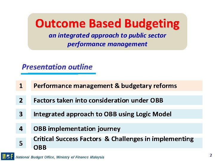 Outcome Based Budgeting an integrated approach to public sector performance management Presentation outline 1
