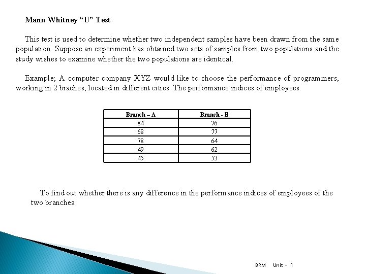 Mann Whitney “U” Test This test is used to determine whether two independent samples