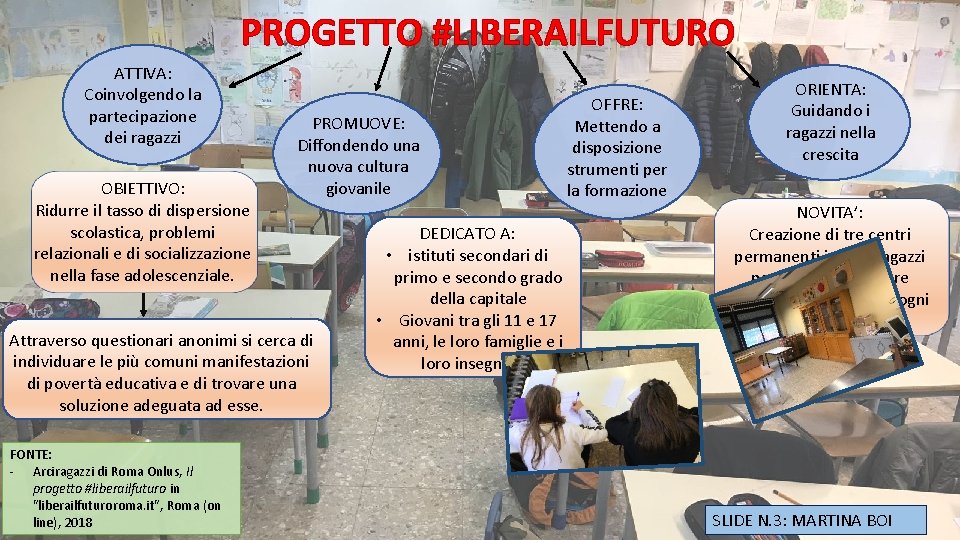 PROGETTO #LIBERAILFUTURO ATTIVA: Coinvolgendo la partecipazione dei ragazzi OBIETTIVO: Ridurre il tasso di dispersione