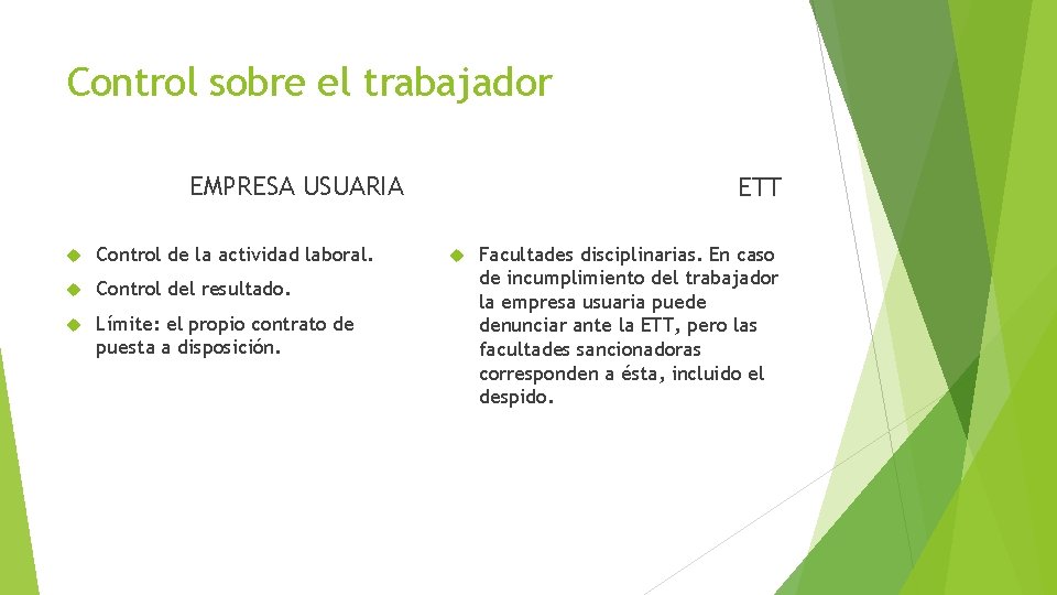 Control sobre el trabajador EMPRESA USUARIA Control de la actividad laboral. Control del resultado.