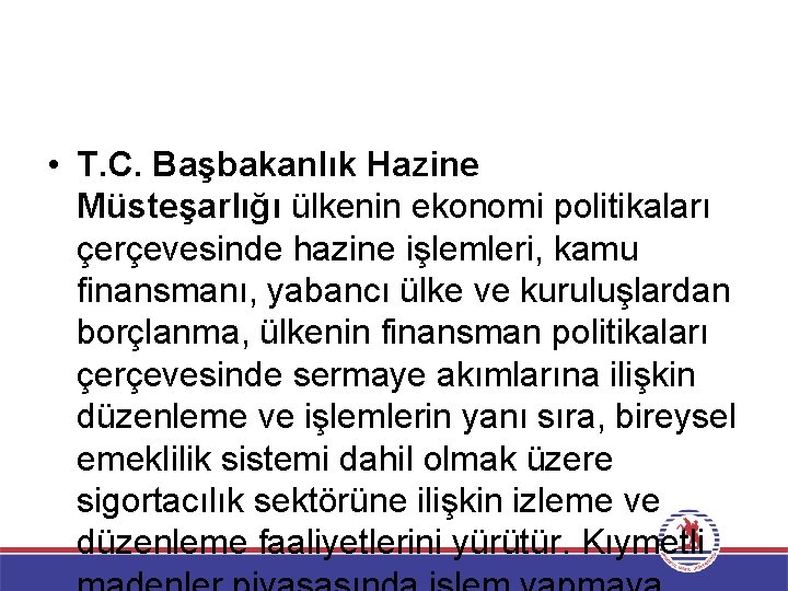  • T. C. Başbakanlık Hazine Müsteşarlığı ülkenin ekonomi politikaları çerçevesinde hazine işlemleri, kamu