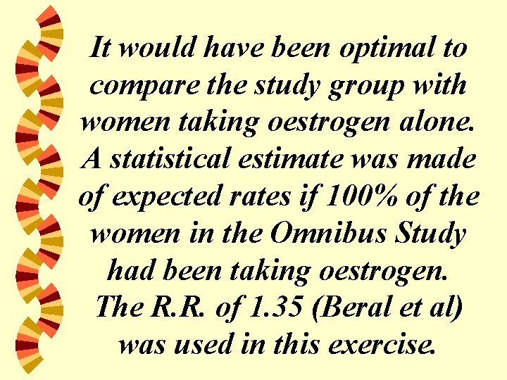 It would have been optimal to compare the study group with women taking oestrogen