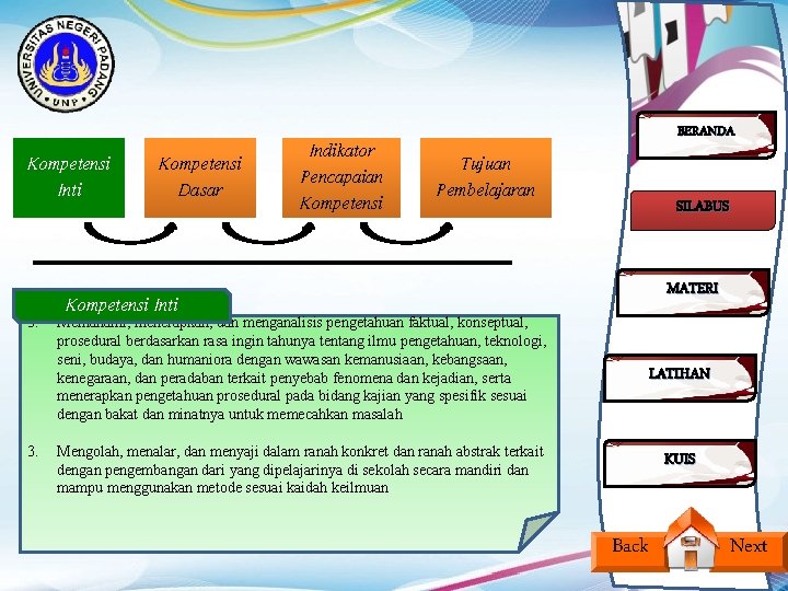 Kompetensi Inti 3. Kompetensi Dasar Indikator Pencapaian Kompetensi BERANDA Tujuan Pembelajaran SILABUS MATERI Kompetensi