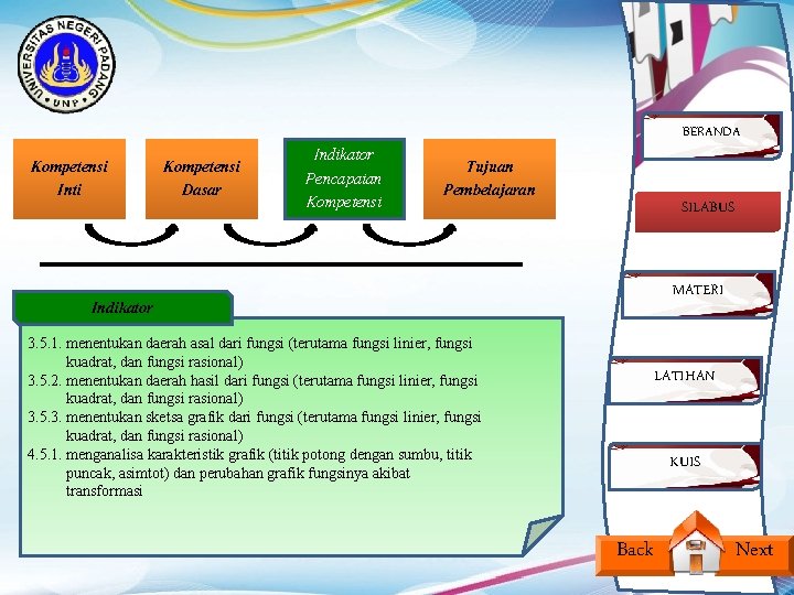 Kompetensi Inti Kompetensi Dasar Indikator Pencapaian Kompetensi BERANDA Tujuan Pembelajaran SILABUS MATERI Indikator 3.