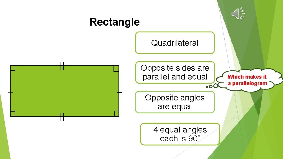 Rectangle Quadrilateral Opposite sides are parallel and equal Opposite angles are equal 4 equal