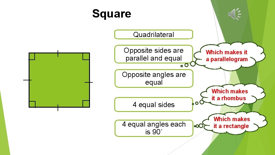Square Quadrilateral Opposite sides are parallel and equal Which makes it a parallelogram Opposite