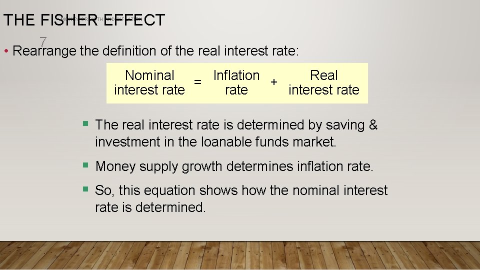 THE FISHER EFFECT MONEY GROWTH AND INFLATION 7 • Rearrange the definition of the