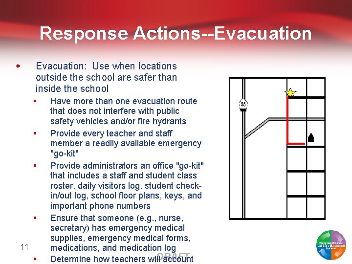 Response Actions--Evacuation w Evacuation: Use when locations outside the school are safer than inside