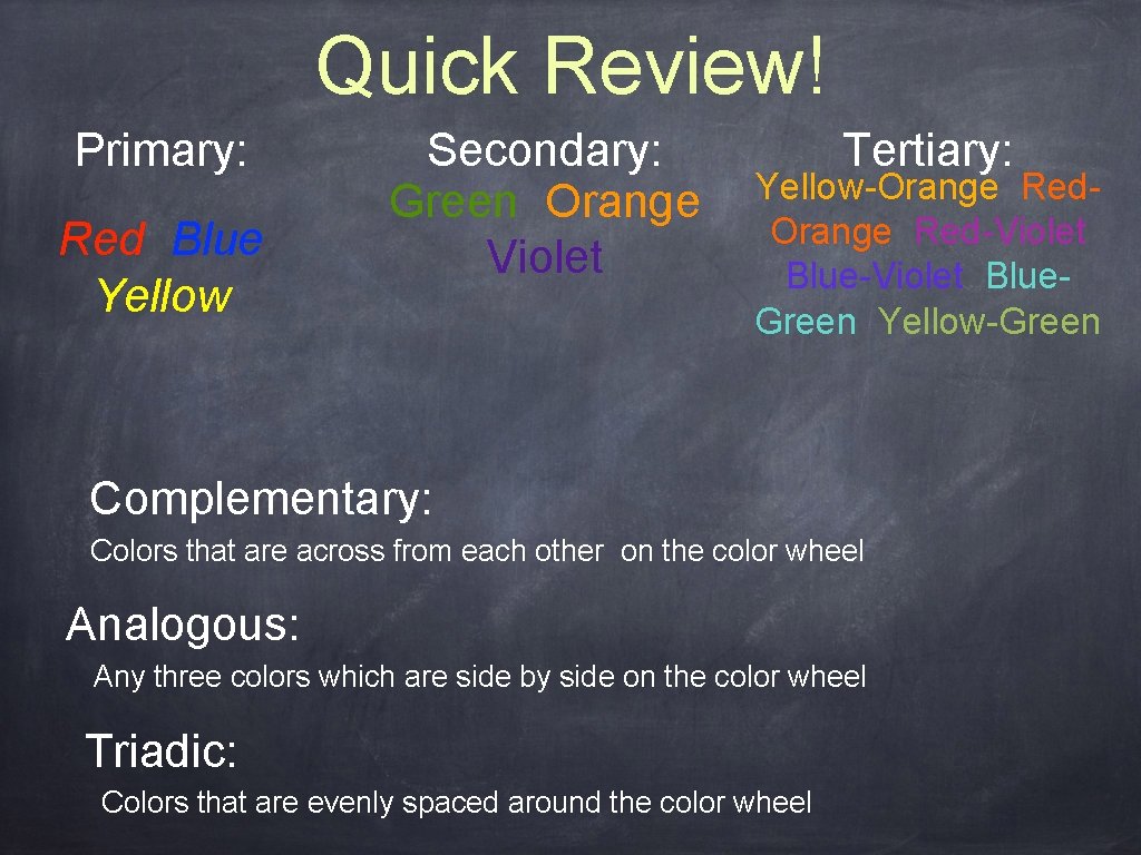 Quick Review! Primary: Red Blue Yellow Secondary: Green Orange Violet Tertiary: Yellow-Orange Red-Violet Blue.