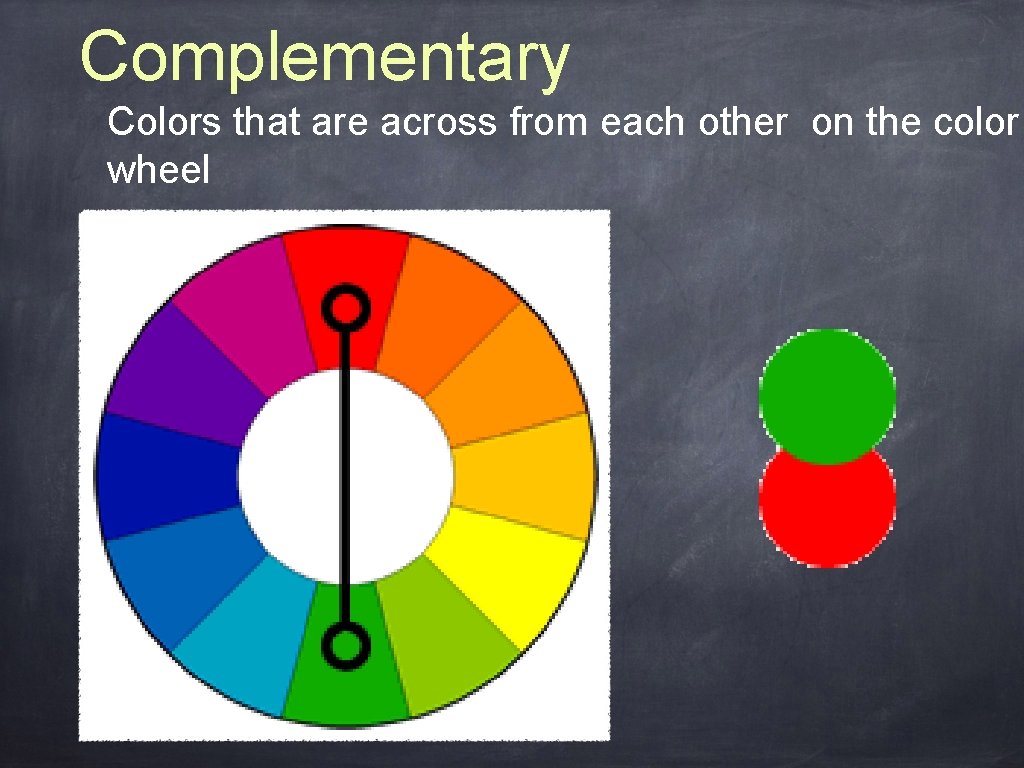 Complementary Colors that are across from each other on the color wheel 