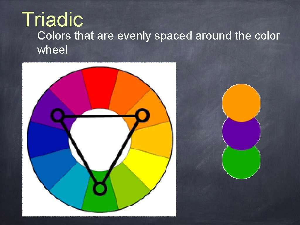 Triadic Colors that are evenly spaced around the color wheel 