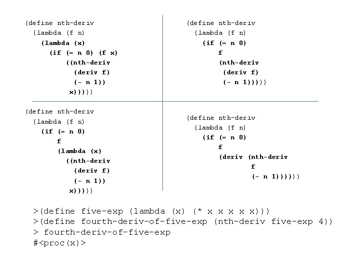 (define nth-deriv (lambda (f n) (lambda (x) (if (= n 0) (f x) ((nth-deriv