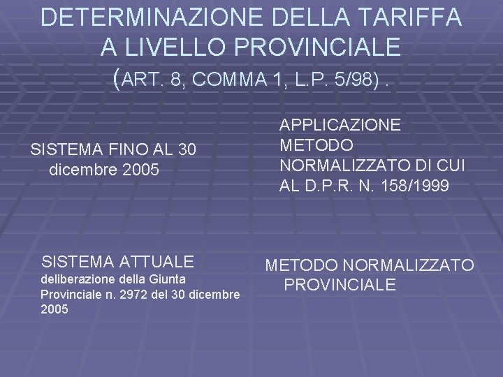 DETERMINAZIONE DELLA TARIFFA A LIVELLO PROVINCIALE (ART. 8, COMMA 1, L. P. 5/98). SISTEMA
