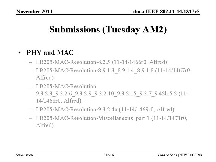 November 2014 doc. : IEEE 802. 11 -14/1317 r 5 Submissions (Tuesday AM 2)