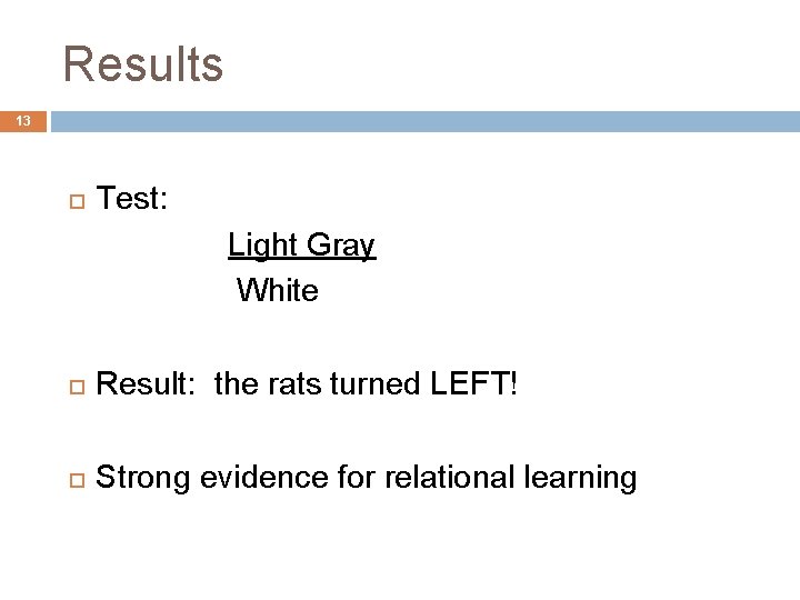 Results 13 Test: Light Gray White Result: the rats turned LEFT! Strong evidence for