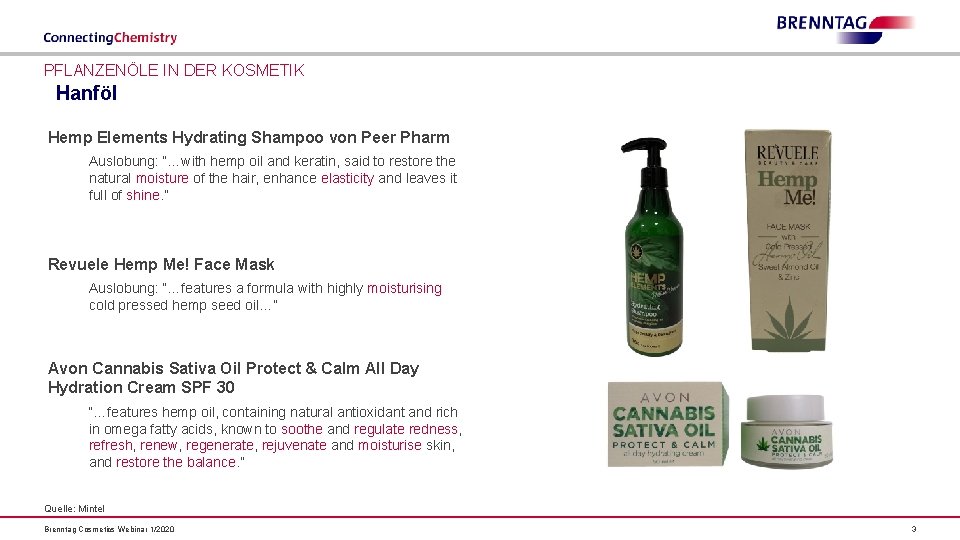 PFLANZENÖLE IN DER KOSMETIK Hanföl Hemp Elements Hydrating Shampoo von Peer Pharm Auslobung: “…with