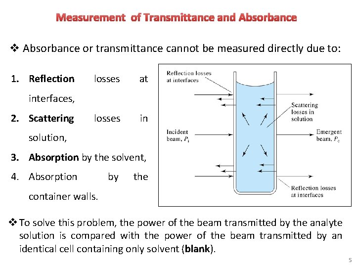 Measurement of Transmittance and Absorbance v Absorbance or transmittance cannot be measured directly due