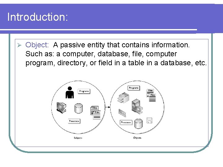 Introduction: Ø Object: A passive entity that contains information. Such as: a computer, database,