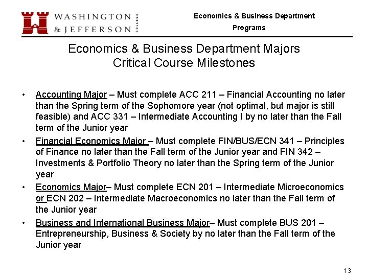 Economics & Business Department Programs Economics & Business Department Majors Critical Course Milestones •