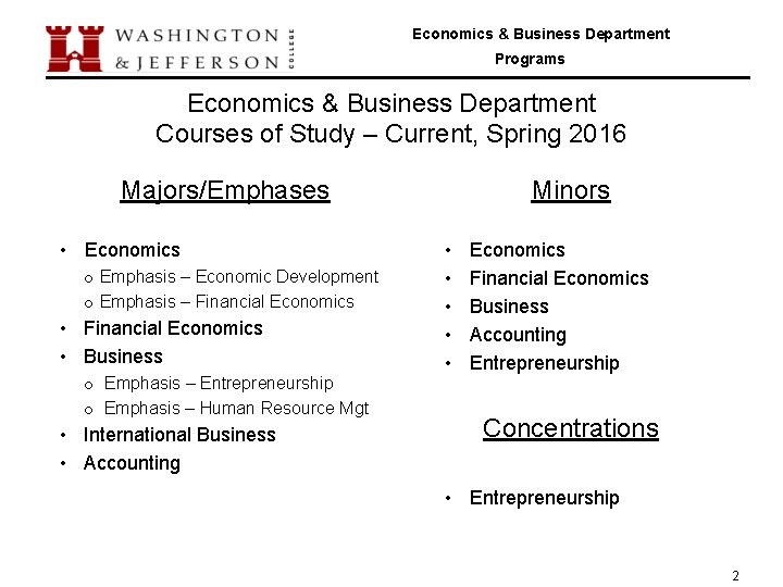 Economics & Business Department Programs Economics & Business Department Courses of Study – Current,