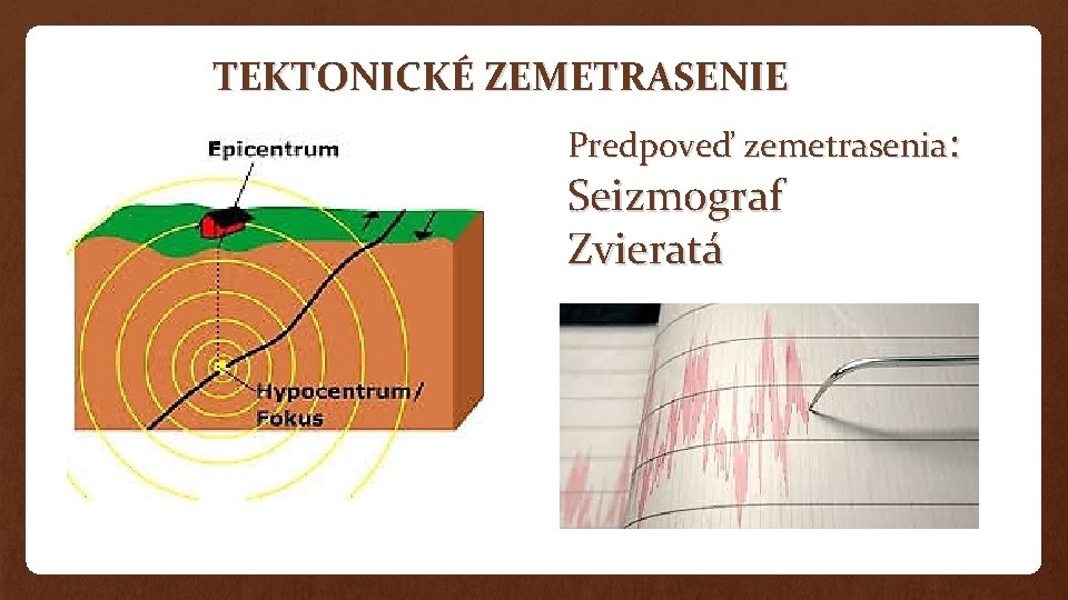 TEKTONICKÉ ZEMETRASENIE Predpoveď zemetrasenia: Seizmograf Zvieratá TEKTONICKÉ ZEMETRASENIE Predpoveď zemetrasenia: Seizmograf Zvieratá
