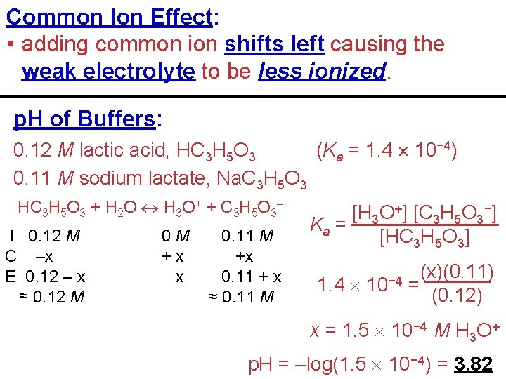 Common Ion Effect: • adding common ion shifts left causing the weak electrolyte to